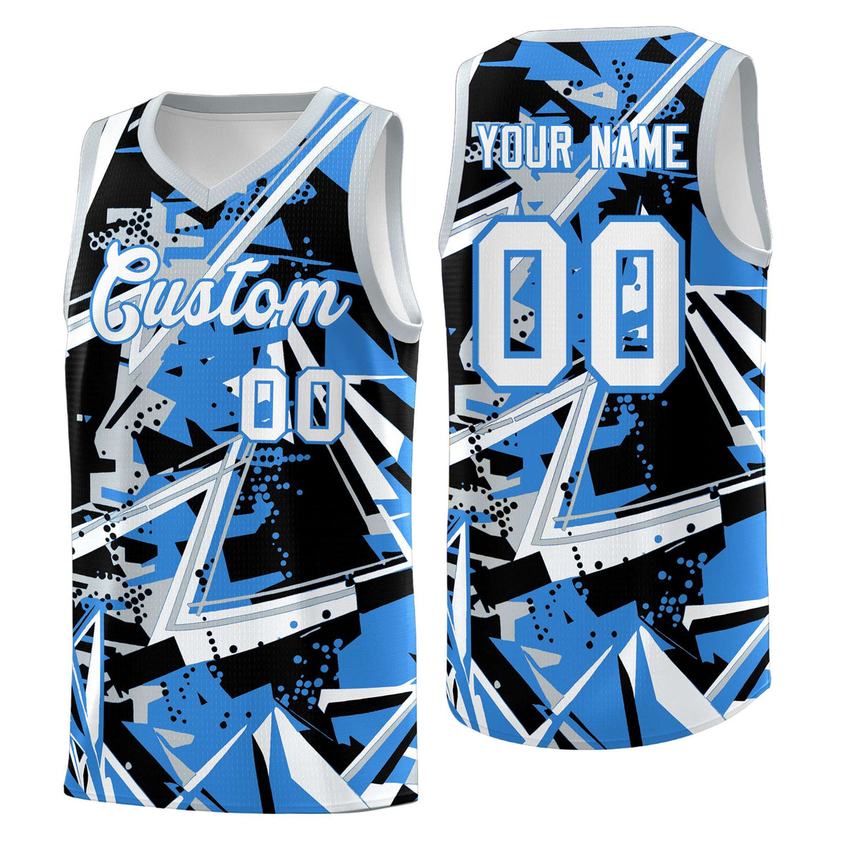 Custom Youth Basketball Jerseys Light Blue Silver Abstract Graffiti Personalized Team Name &amp; Number