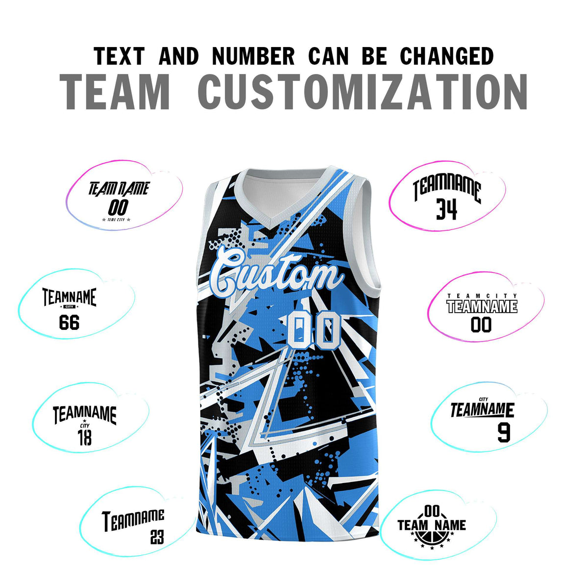 Custom Youth Basketball Jerseys Light Blue Silver Abstract Graffiti Personalized Team Name &amp; Number