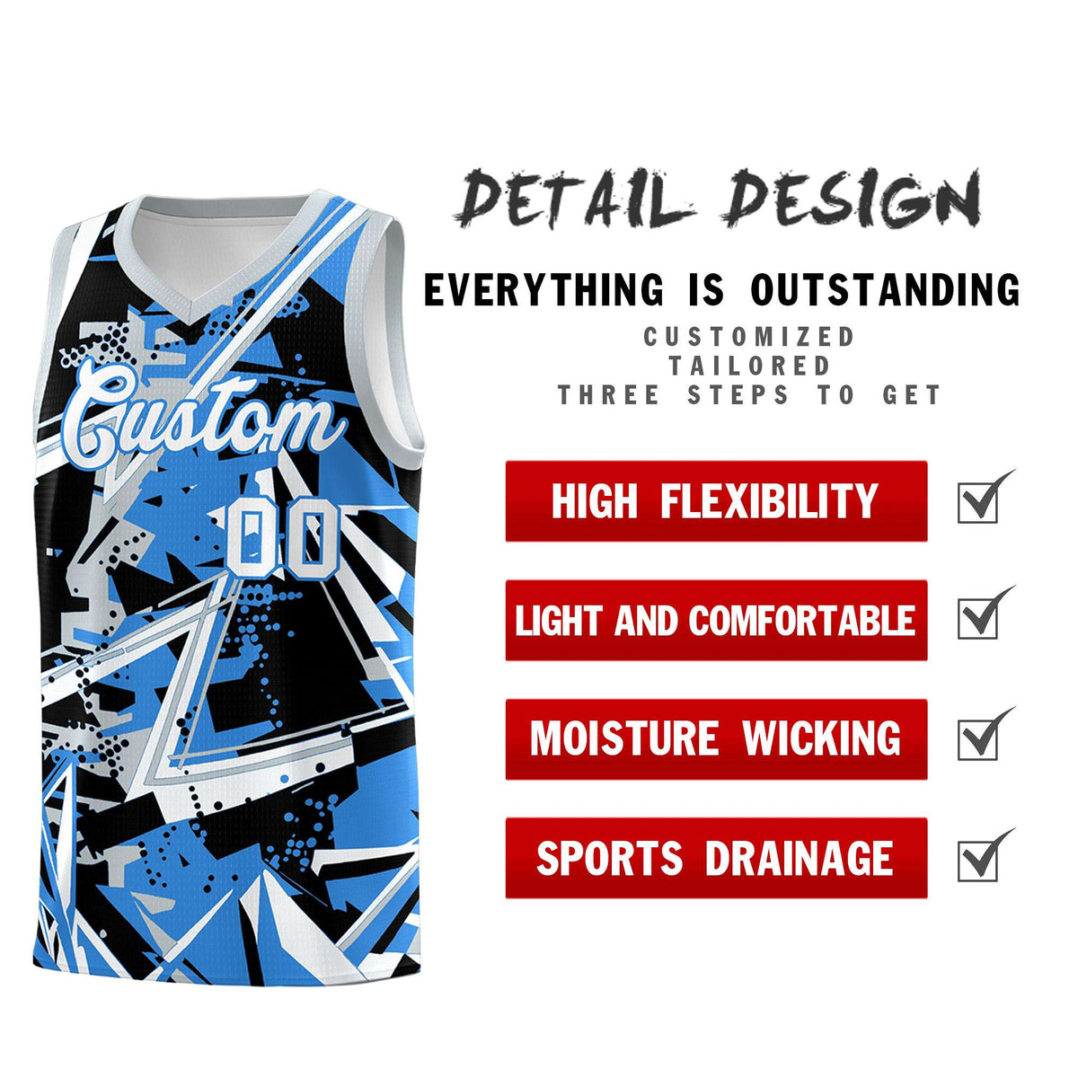 Custom Youth Basketball Jerseys Light Blue Silver Abstract Graffiti Personalized Team Name &amp; Number