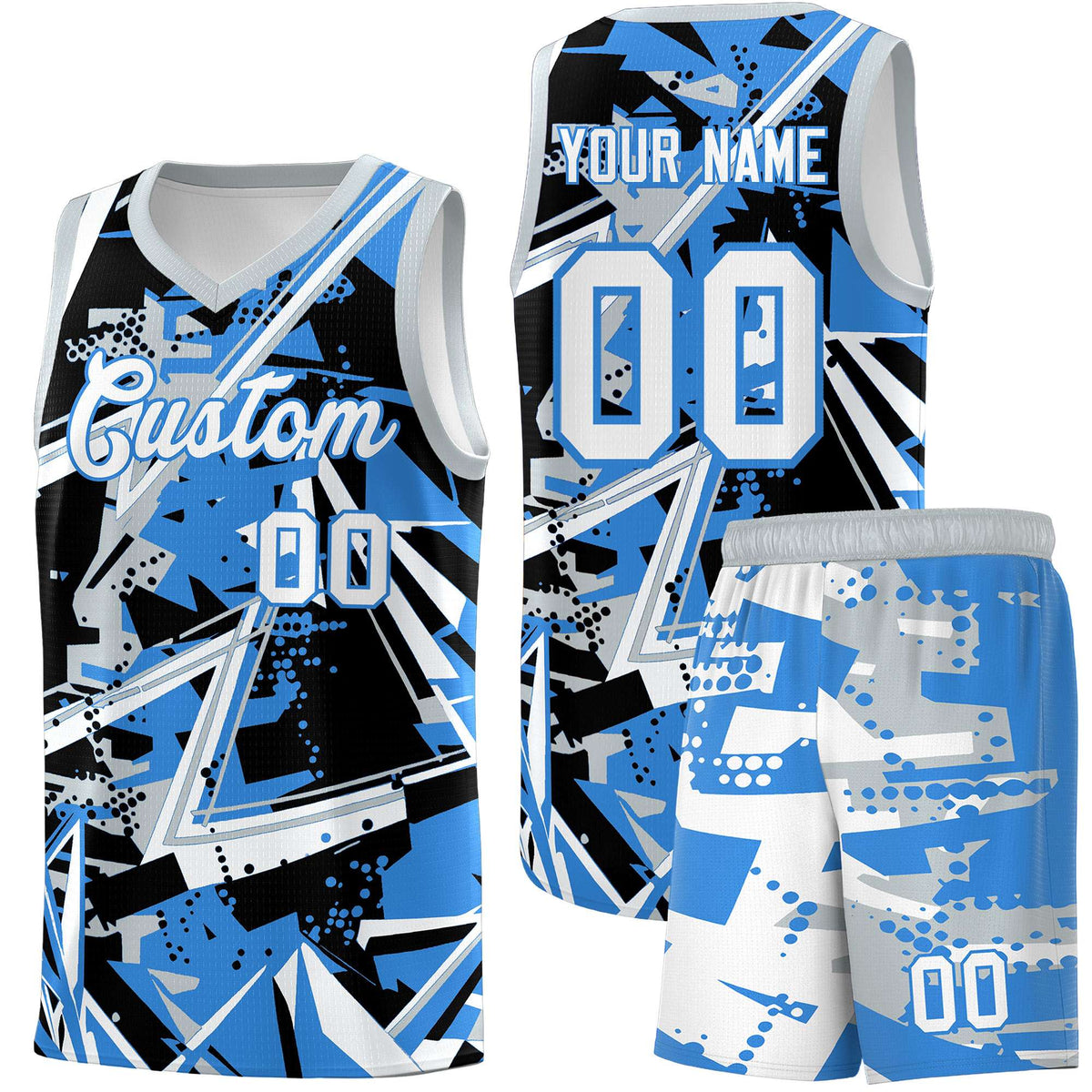 Custom Youth Basketball Jerseys Light Blue Silver Abstract Graffiti Personalized Team Name &amp; Number