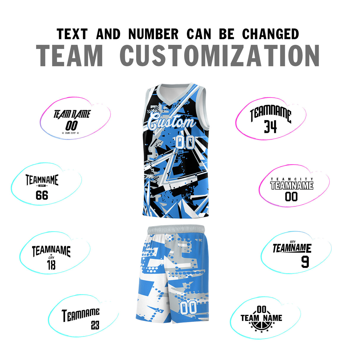 Custom Youth Basketball Jerseys Light Blue Silver Abstract Graffiti Personalized Team Name &amp; Number