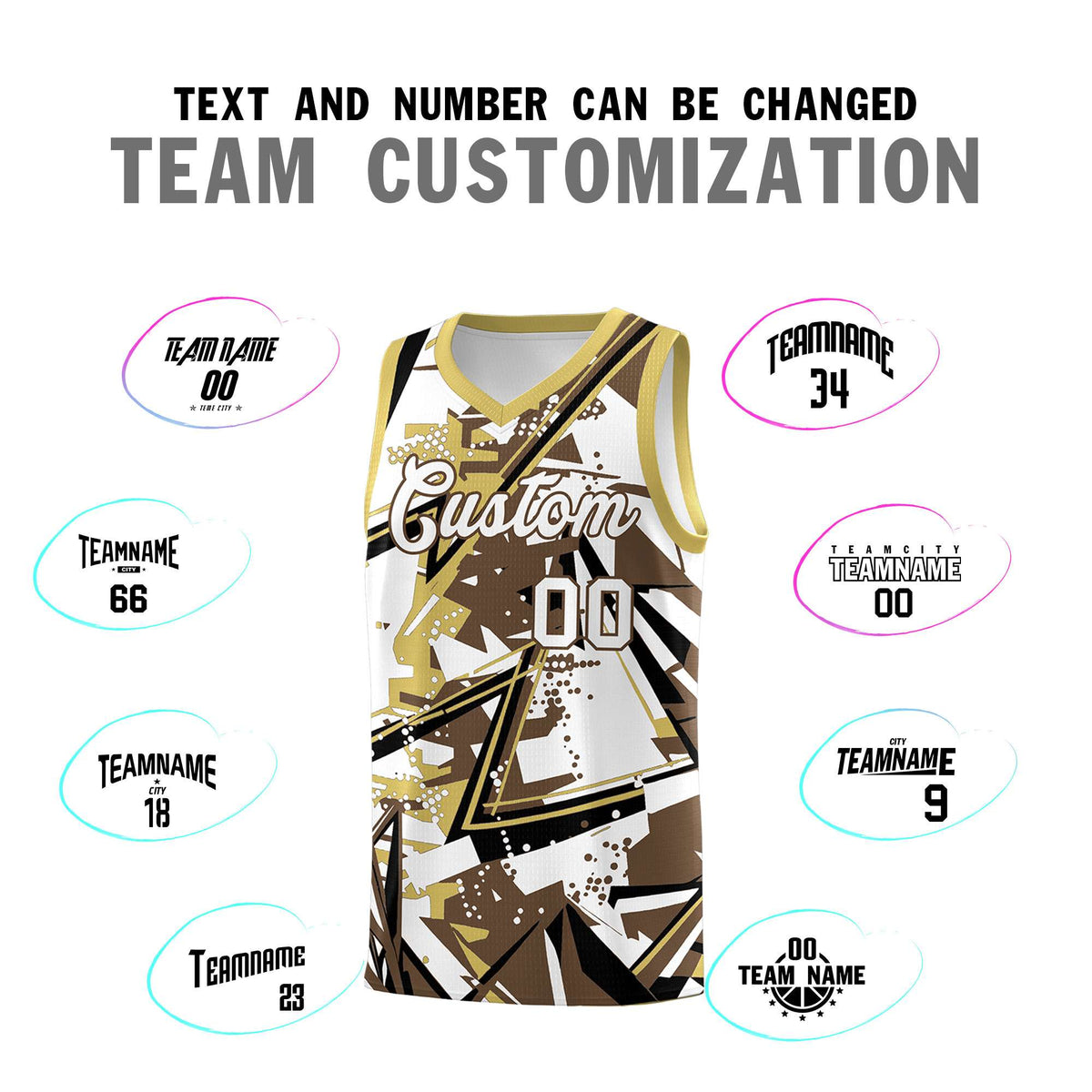 Custom Youth Basketball Jerseys Light Brown Old Gold Abstract Graffiti Personalized Team Name &amp; Number