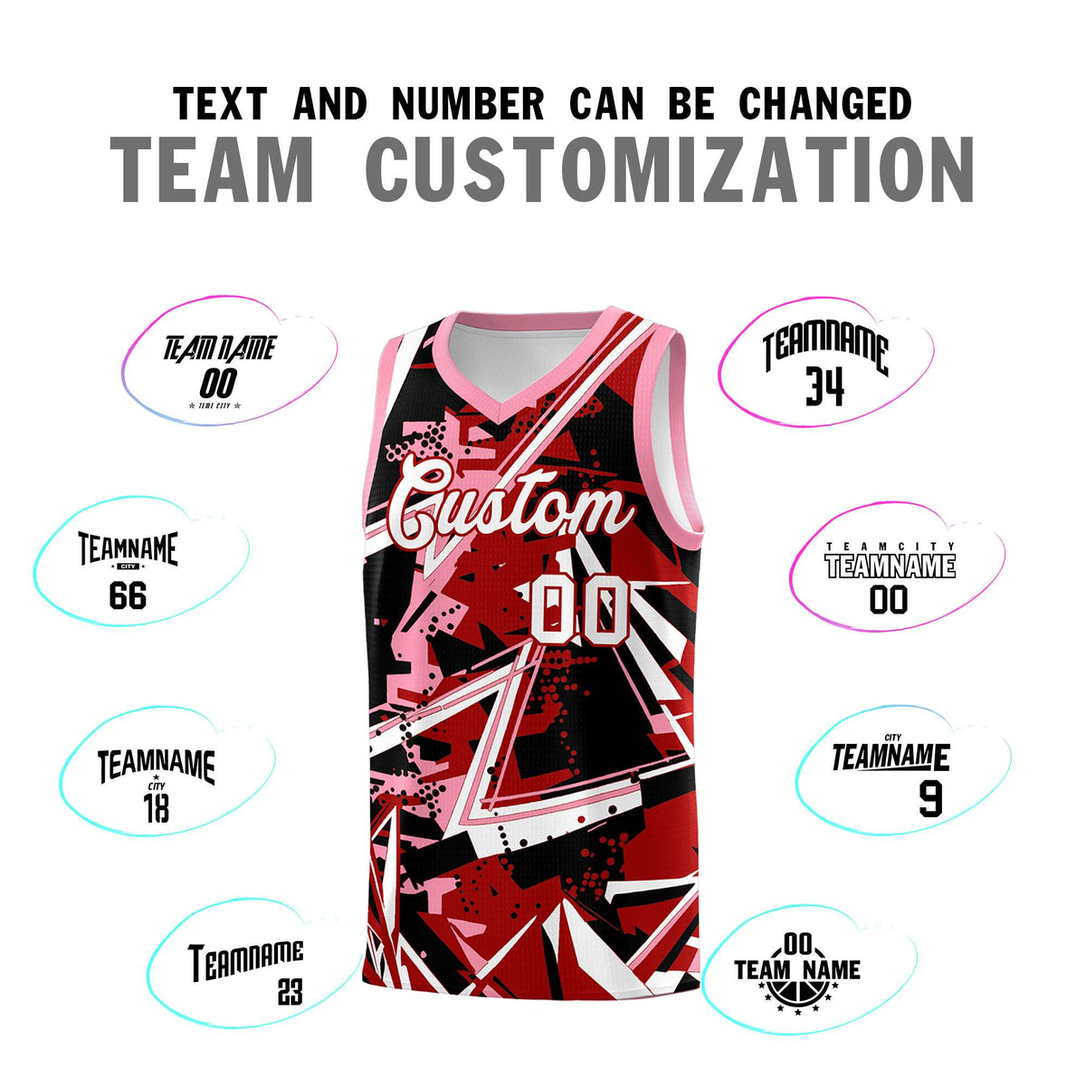 Custom Youth Basketball Jerseys Red Light Pink Abstract Graffiti Personalized Street Style Uniform