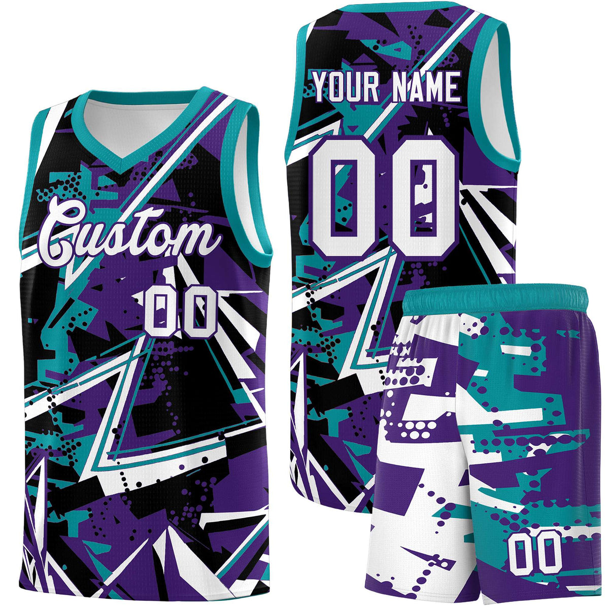 Custom Youth Basketball Jerseys Purple Teal Abstract Graffiti Urban Style Personalized Uniform
