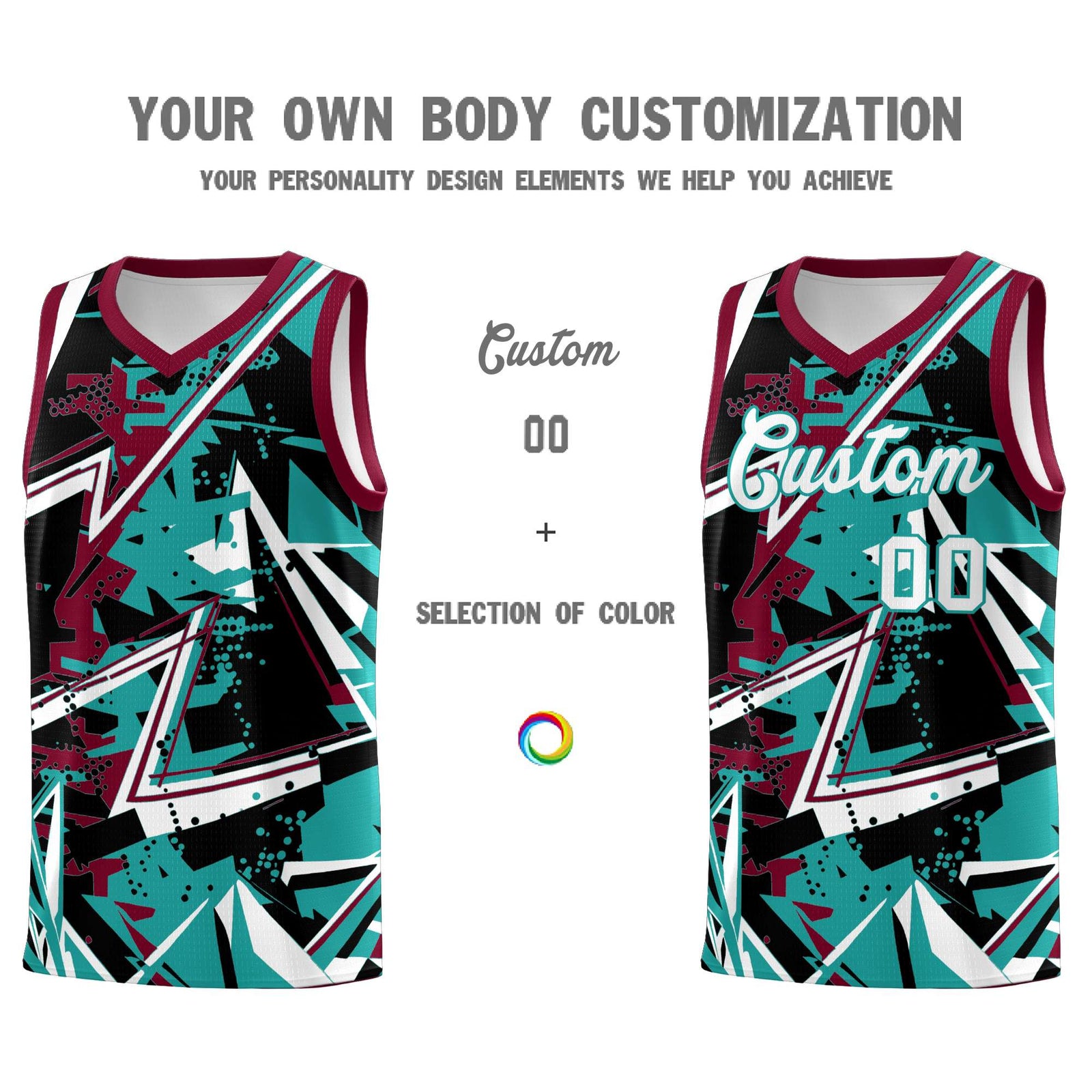 Custom Youth Basketball Jerseys Teal Crimson Abstract Graffiti Personalized Team Name & Number