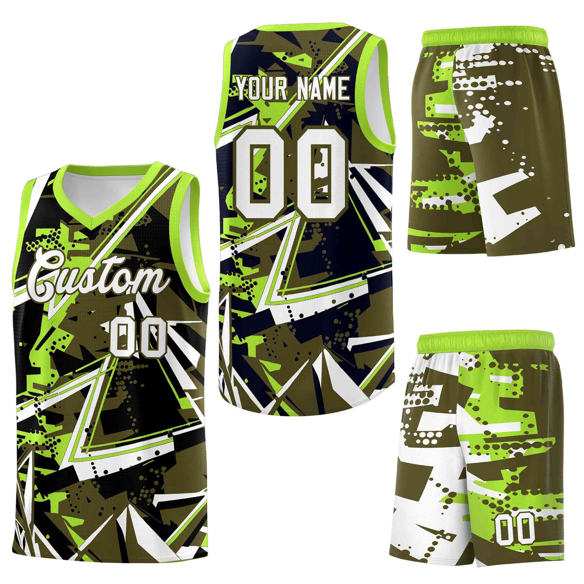 Custom Youth Basketball Jerseys Olive Neon Green Abstract Graffiti Personalized Street Style Uniform