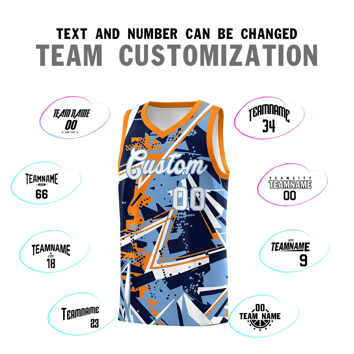 Custom Youth Basketball Jerseys Powder Blue Orange Abstract Graffiti Personalized Team Name &amp; Number