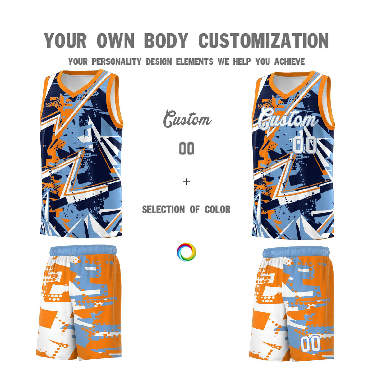 Custom Youth Basketball Jerseys Powder Blue Orange Abstract Graffiti Personalized Team Name &amp; Number