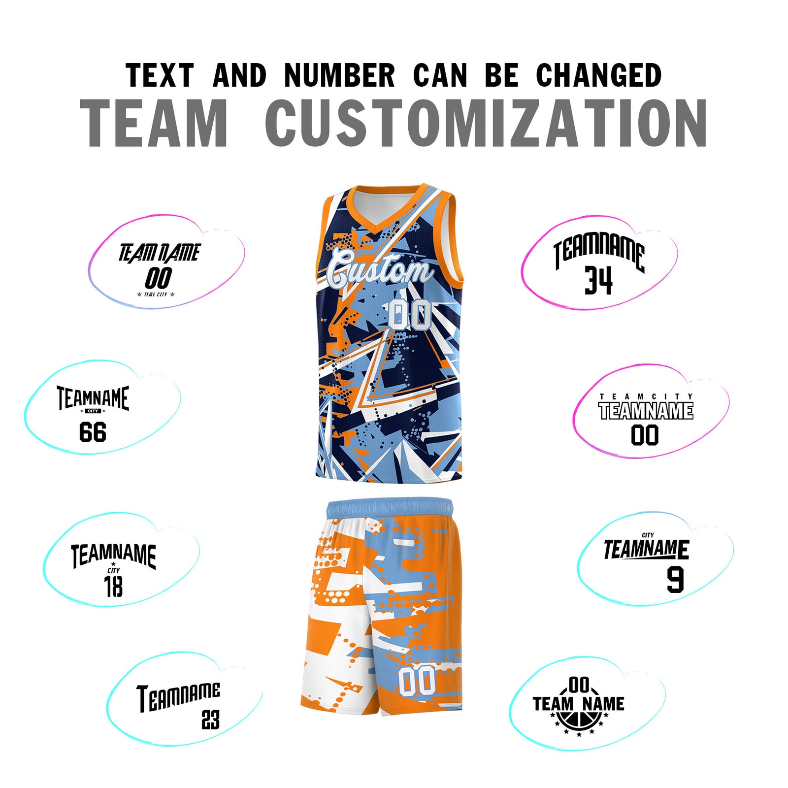 Custom Youth Basketball Jerseys Powder Blue Orange Abstract Graffiti Personalized Team Name & Number