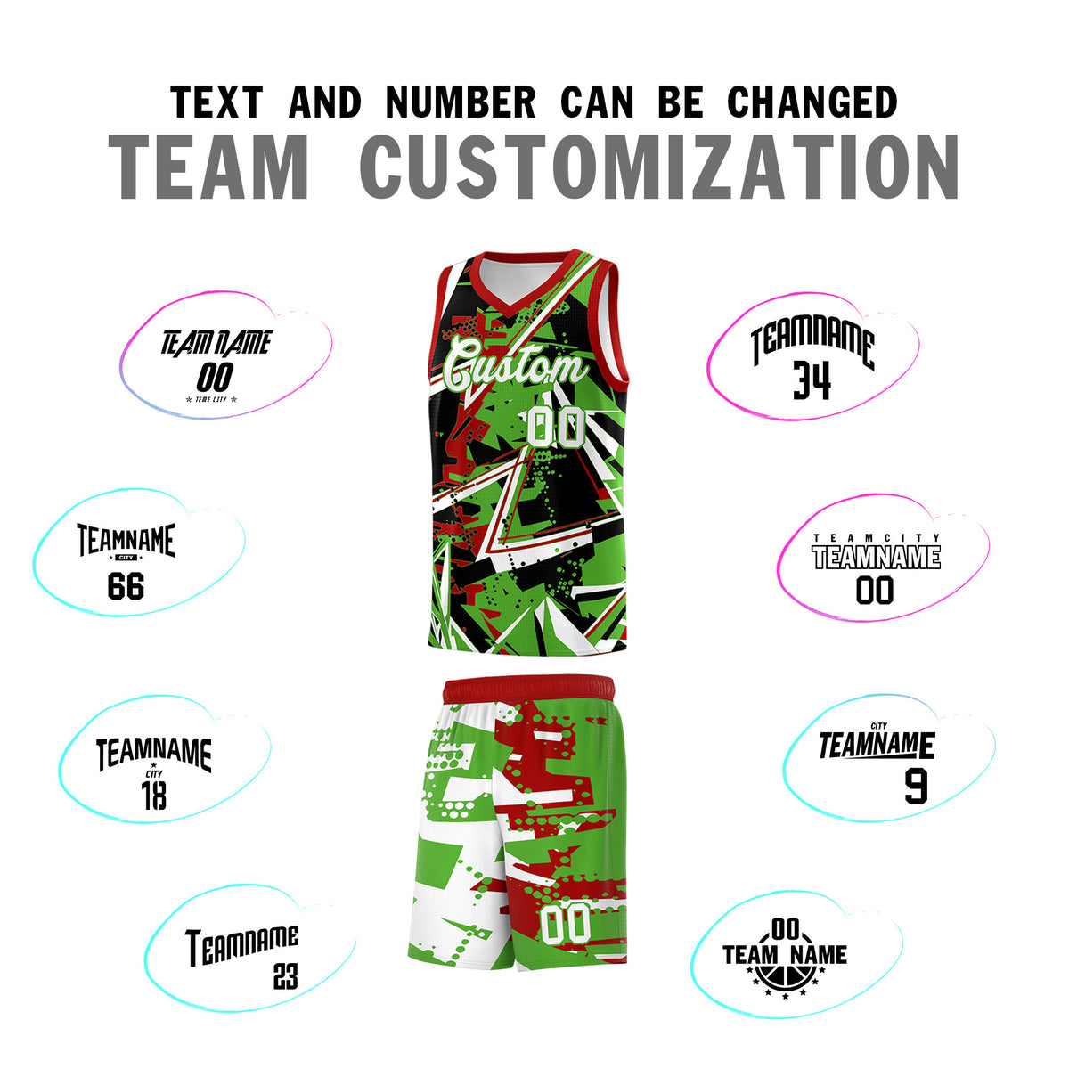 Custom Youth Basketball Jerseys Light Green Red Abstract Graffiti Urban Style Personalized Uniform