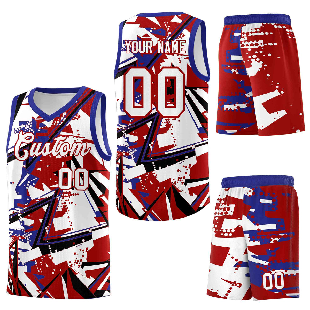 Custom Youth Basketball Jerseys Red Royal Abstract Graffiti Personalized Street Style Uniform