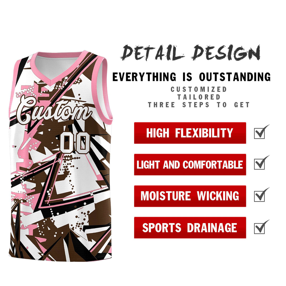 Custom Youth Basketball Jerseys Brown Light Pink Abstract Graffiti Urban Style Personalized Uniform