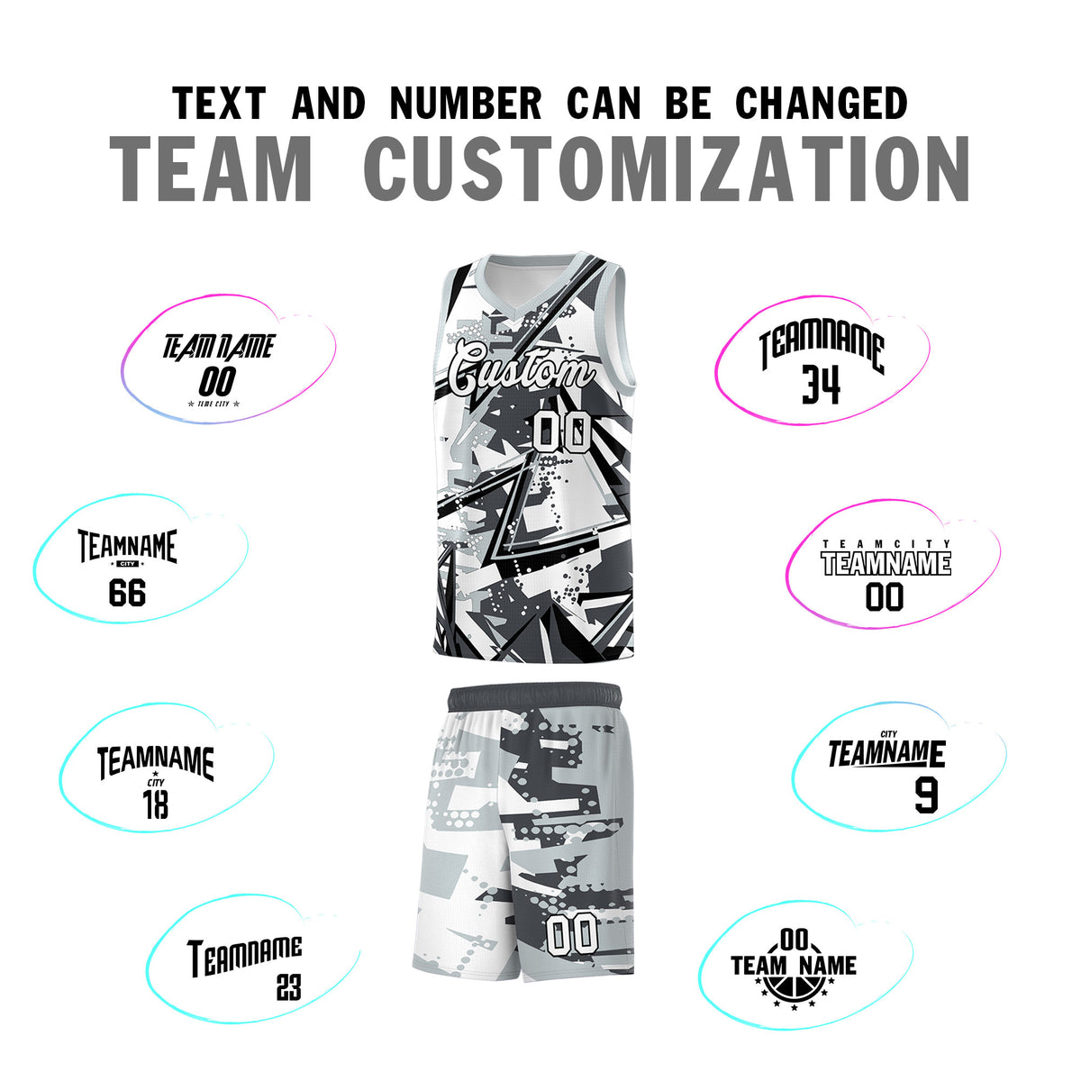 Custom Youth Basketball Jerseys Gray Silver Abstract Graffiti Personalized Team Name &amp; Number