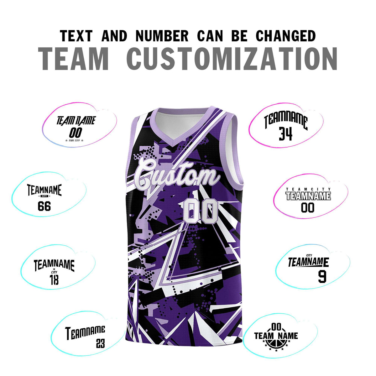 Custom Youth Basketball Jerseys Purple Light Purple Abstract Graffiti Urban Style Personalized Uniform