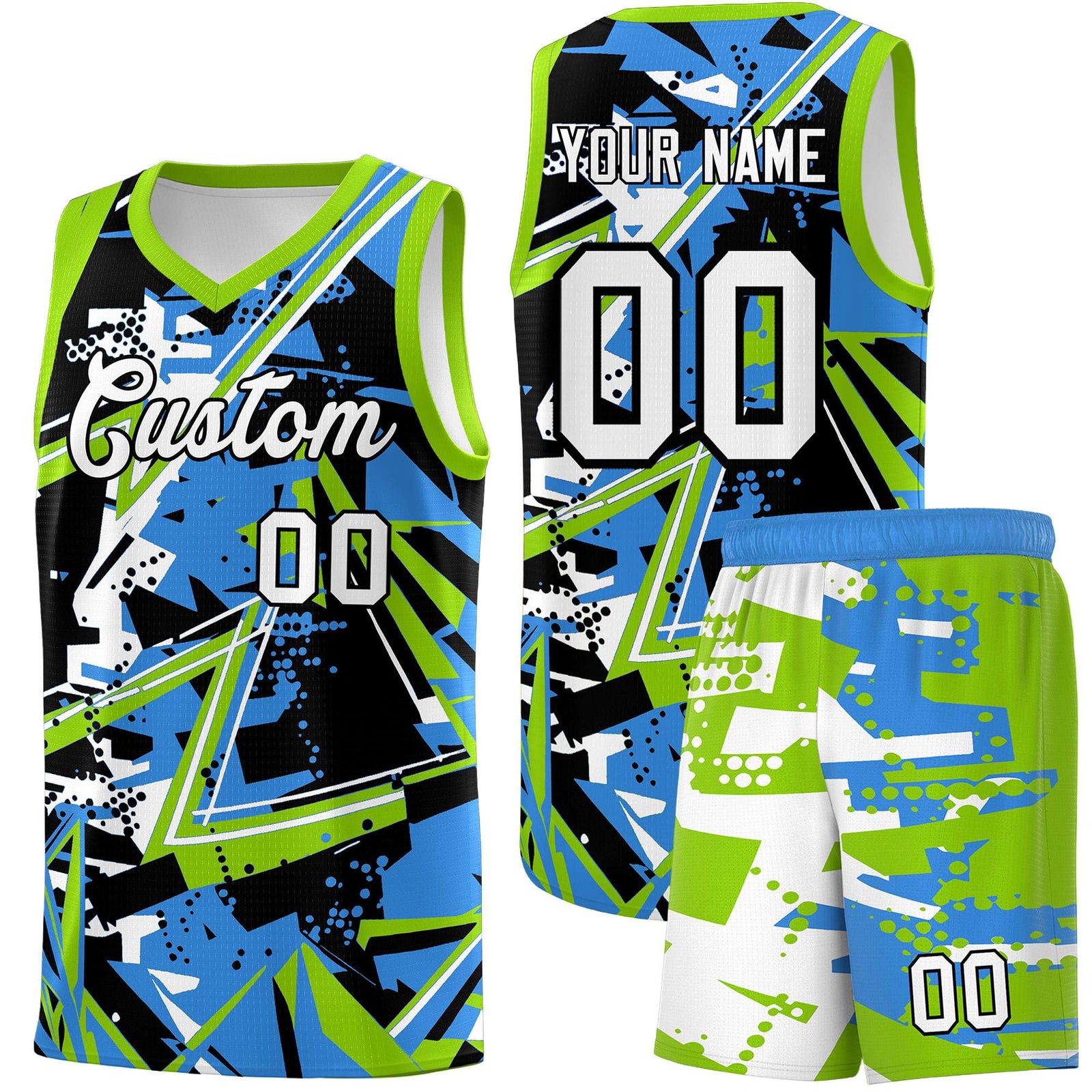 Custom Youth Basketball Jerseys Light Blue Neon Green Abstract Graffiti Personalized Street Style Uniform