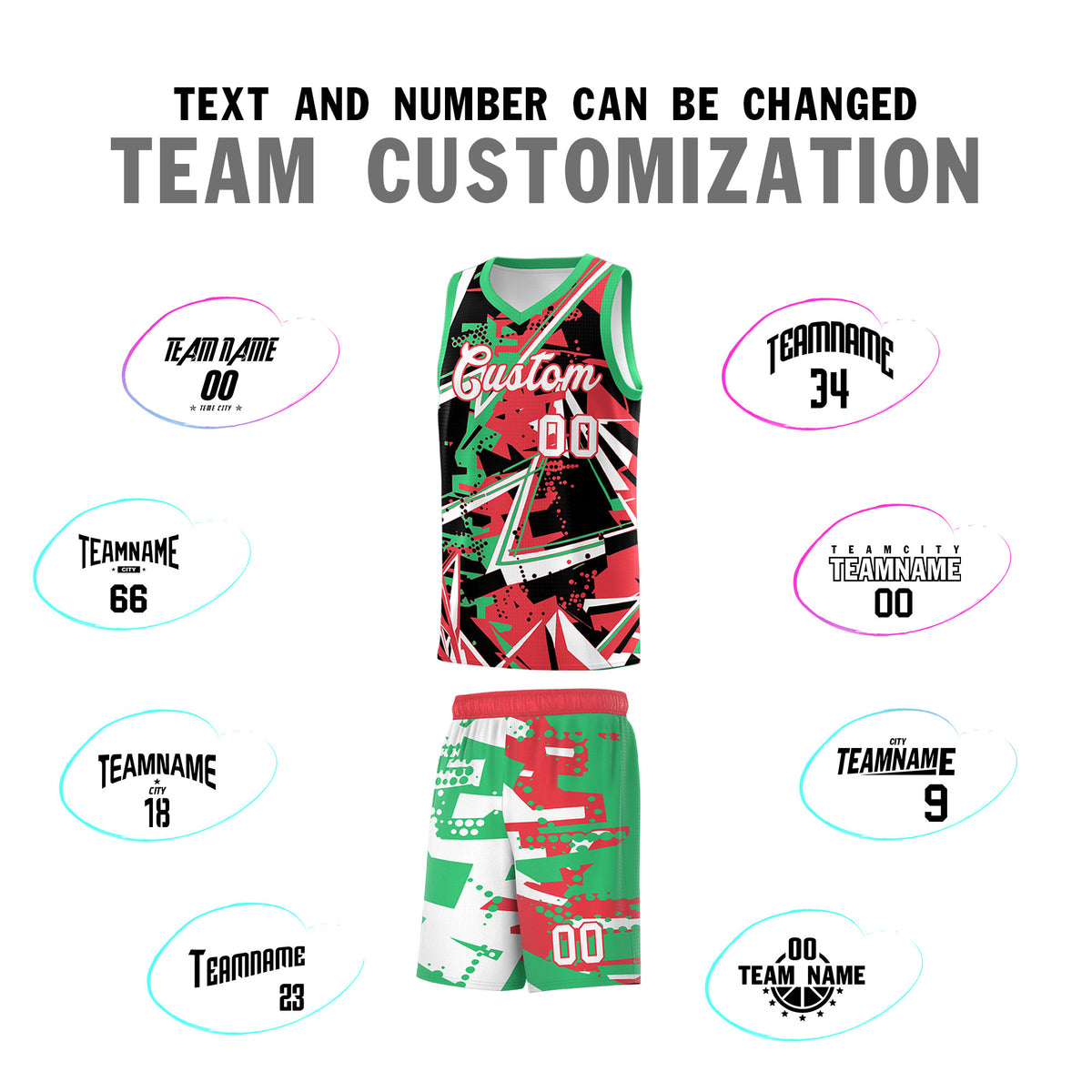 Custom Youth Basketball Jerseys Light Red Green Abstract Graffiti Urban Style Personalized Uniform