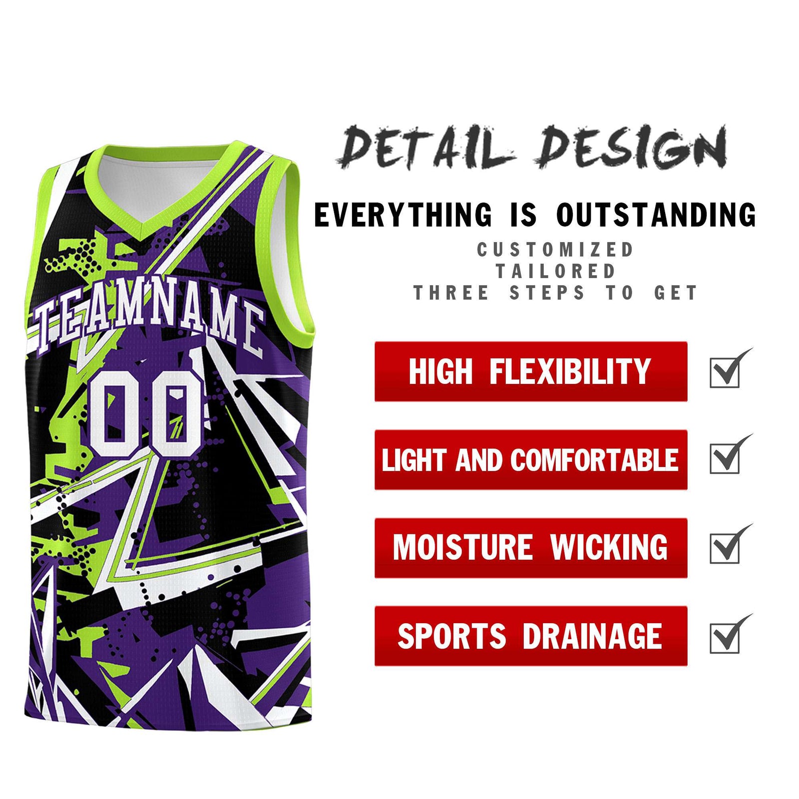 Custom Youth Basketball Jerseys Purple Neon Green Abstract Graffiti Personalized Team Name & Number