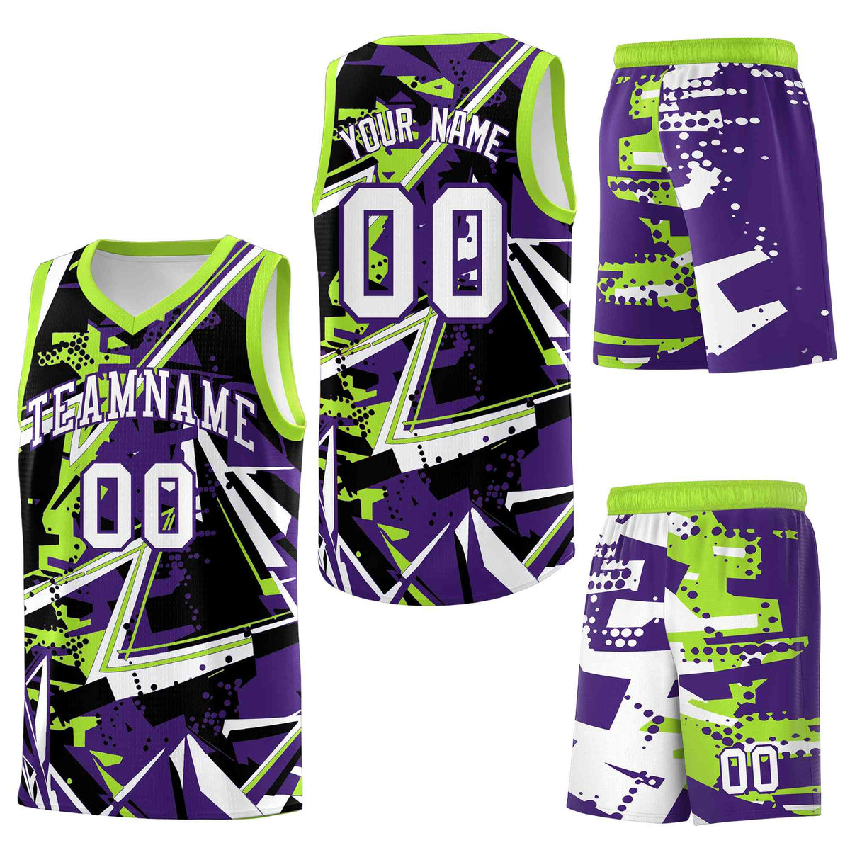 Custom Youth Basketball Jerseys Purple Neon Green Abstract Graffiti Personalized Team Name &amp; Number