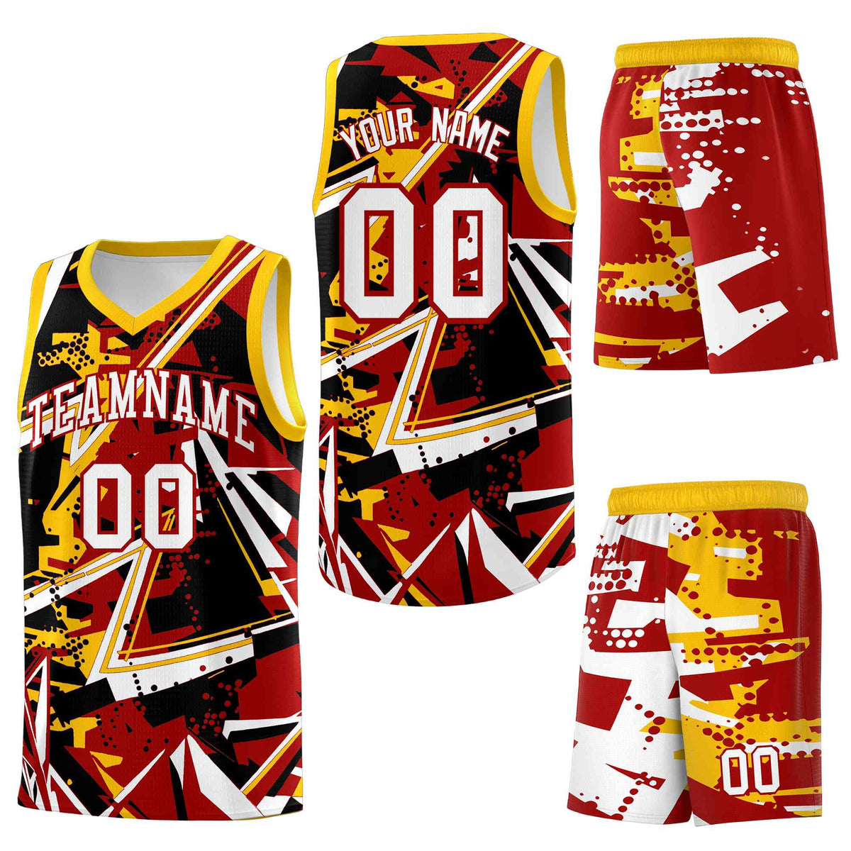 Custom Youth Basketball Jerseys Red Yellow Abstract Graffiti Personalized Street Style Uniform