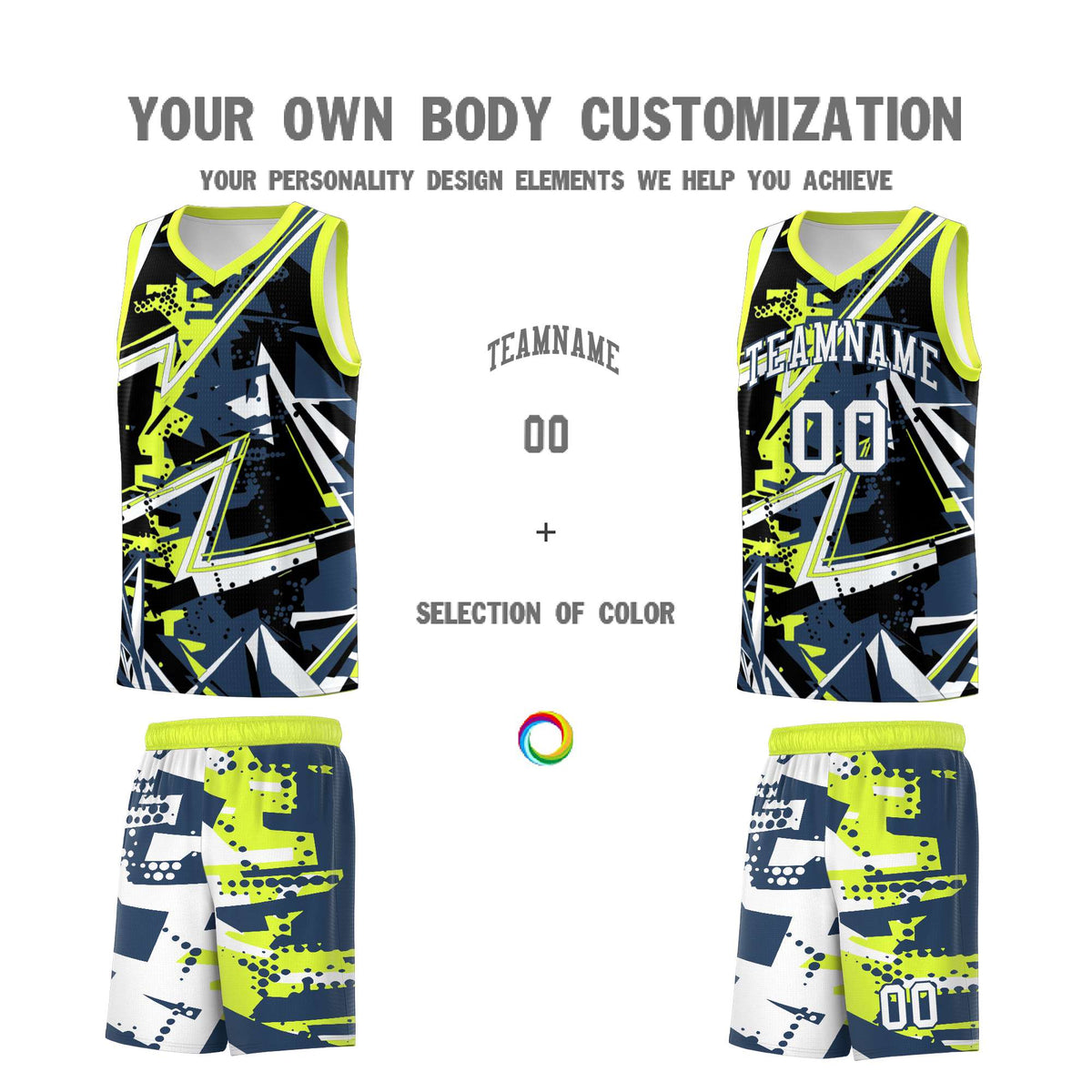 Custom Youth Basketball Jerseys Midnight Blue Fluorescent Green Abstract Graffiti Urban Style Personalized Uniform