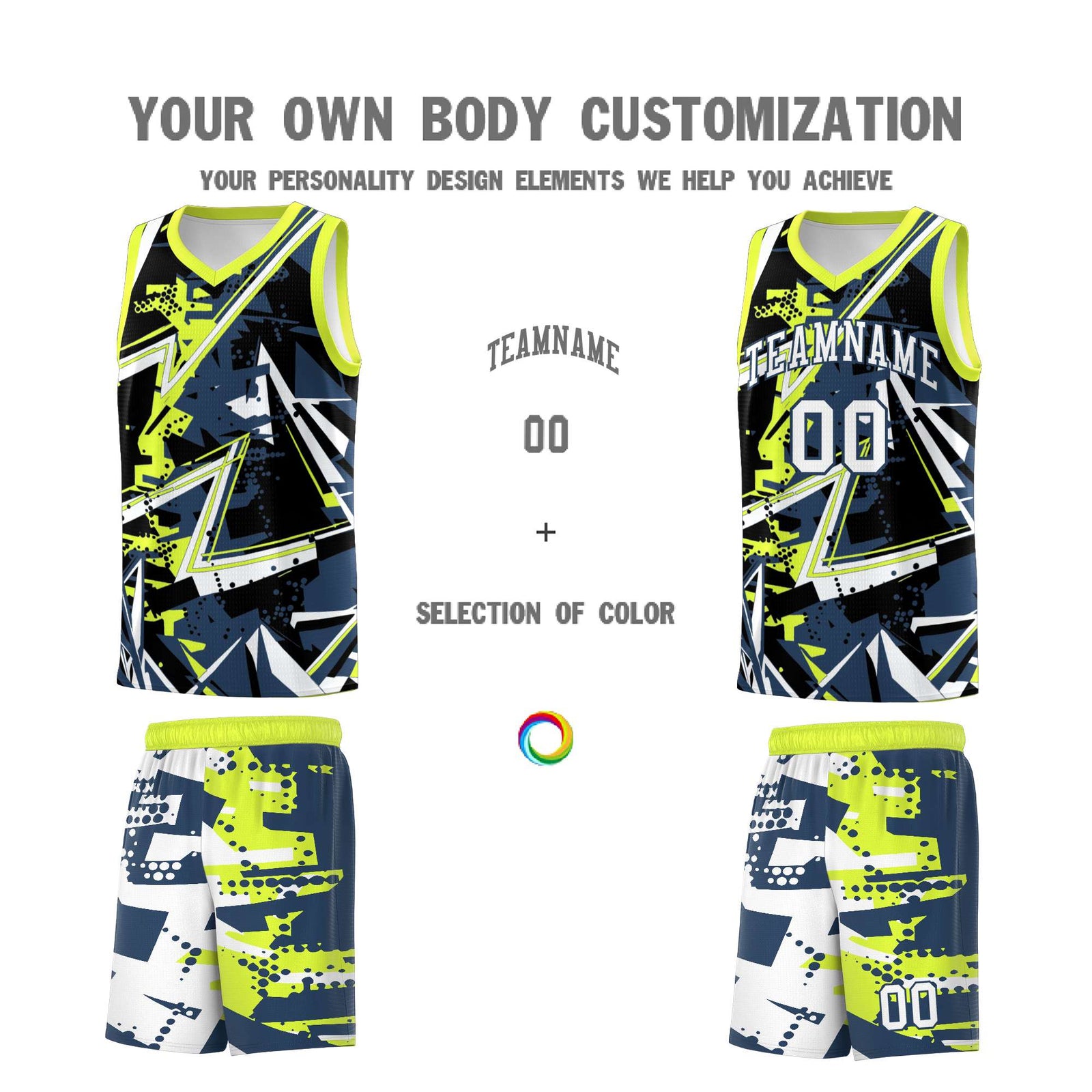 Custom Youth Basketball Jerseys Midnight Blue Fluorescent Green Abstract Graffiti Urban Style Personalized Uniform