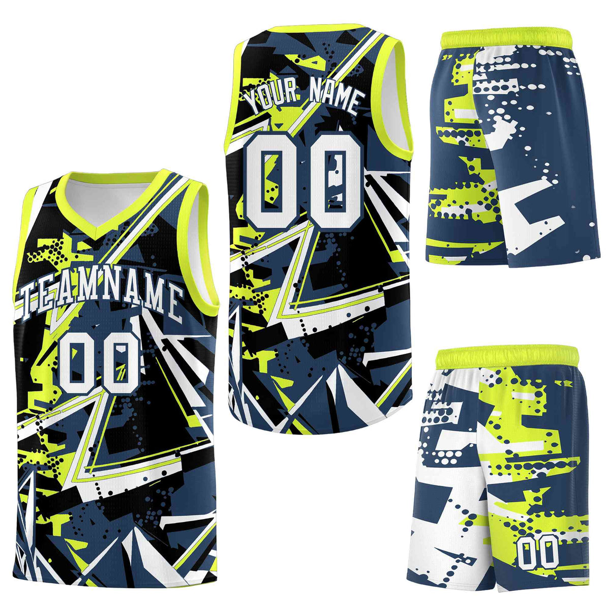 Custom Youth Basketball Jerseys Midnight Blue Fluorescent Green Abstract Graffiti Urban Style Personalized Uniform