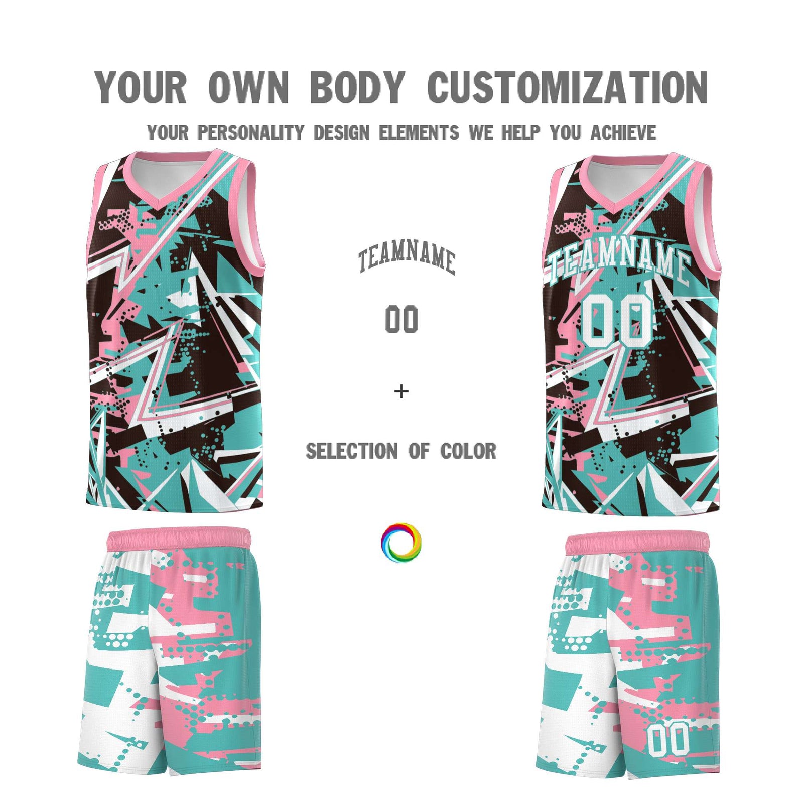 Custom Youth Basketball Jerseys Teal Pink Abstract Graffiti Urban Style Personalized Uniform