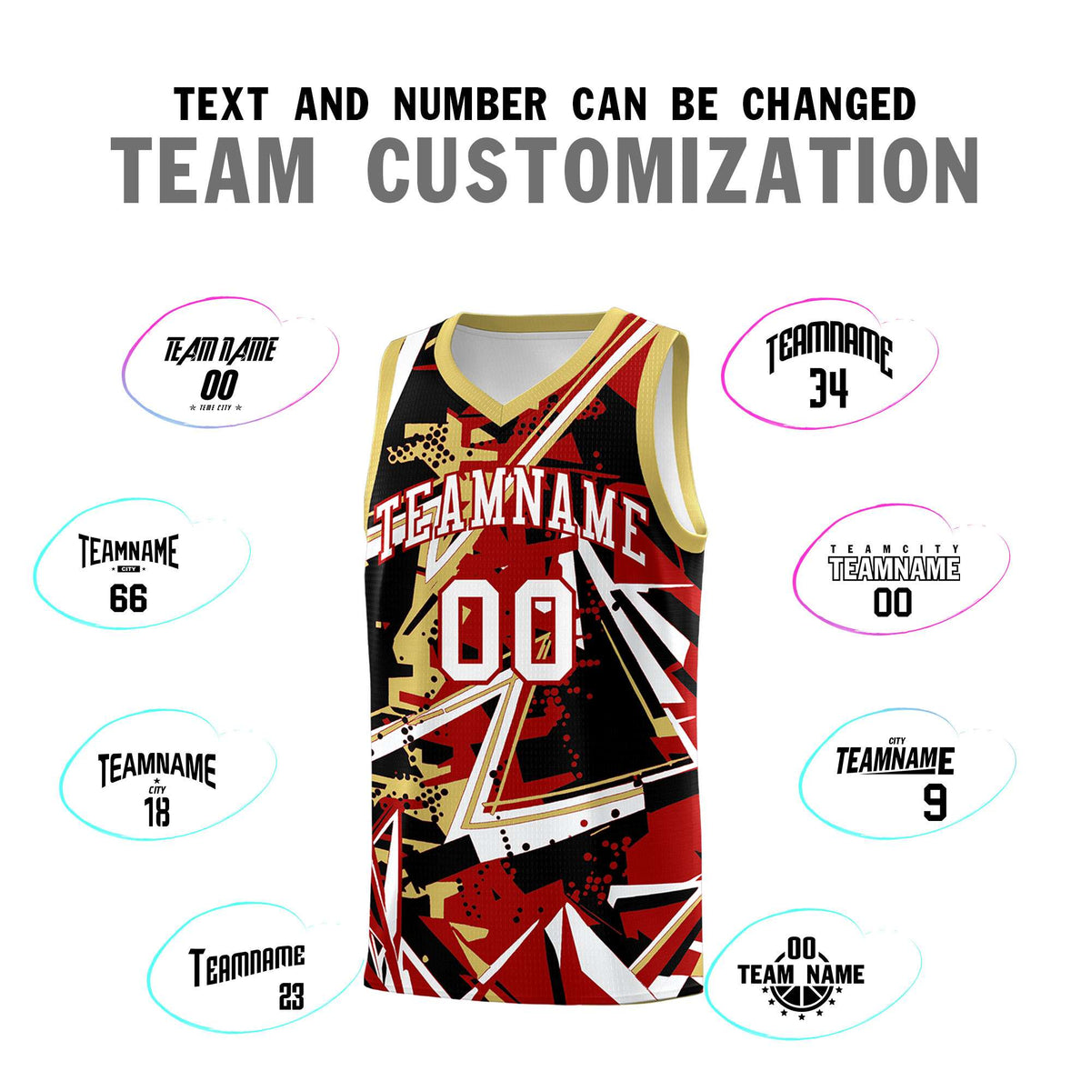 Custom Youth Basketball Jerseys Red Old Gold Abstract Graffiti Personalized Team Name &amp; Number