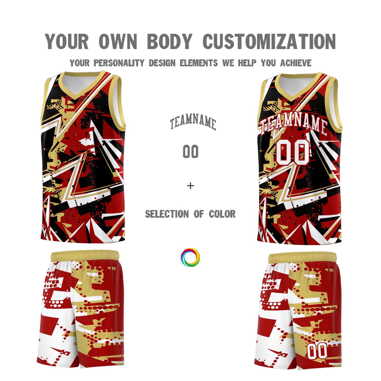 Custom Youth Basketball Jerseys Red Old Gold Abstract Graffiti Personalized Team Name & Number