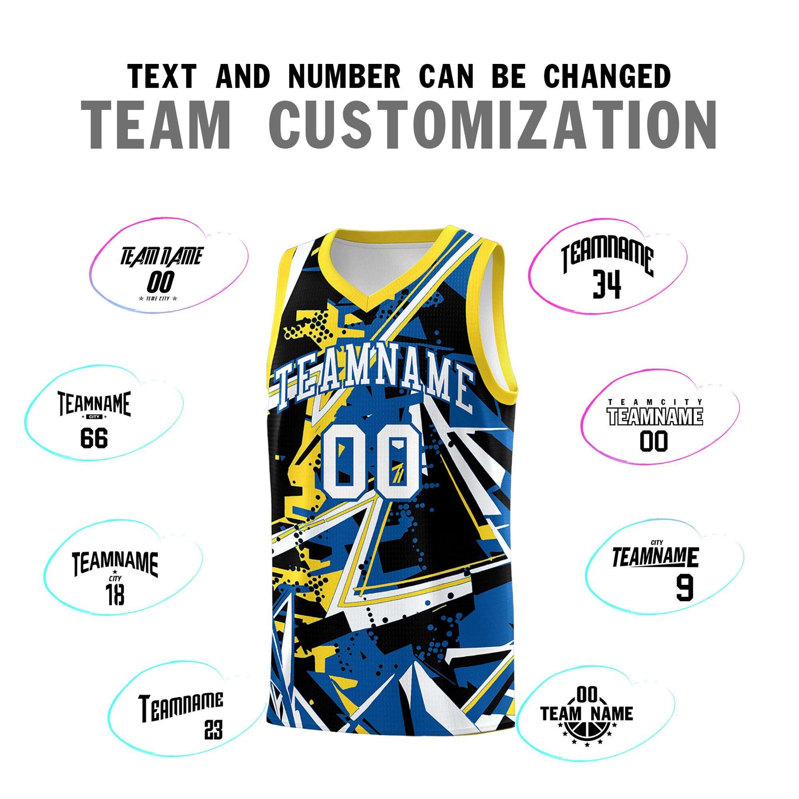 Custom Youth Basketball Jerseys Royal Gold Abstract Graffiti Personalized Team Name & Number