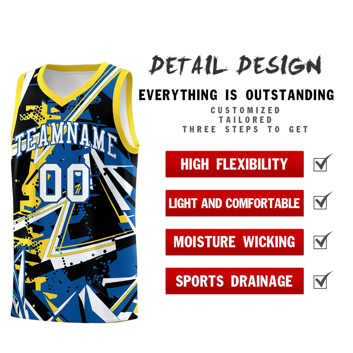 Custom Youth Basketball Jerseys Royal Gold Abstract Graffiti Personalized Team Name & Number