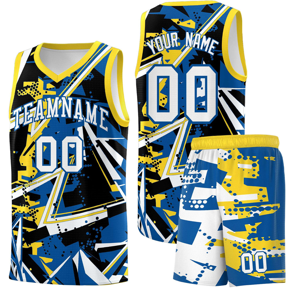 Custom Youth Basketball Jerseys Royal Gold Abstract Graffiti Personalized Team Name & Number