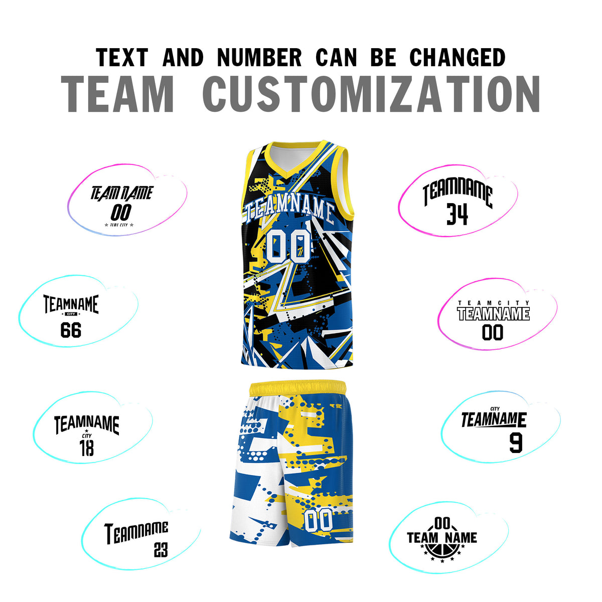 Custom Youth Basketball Jerseys Royal Gold Abstract Graffiti Personalized Team Name & Number