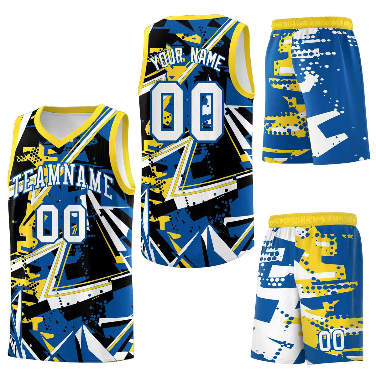 Custom Youth Basketball Jerseys Royal Gold Abstract Graffiti Personalized Team Name &amp; Number