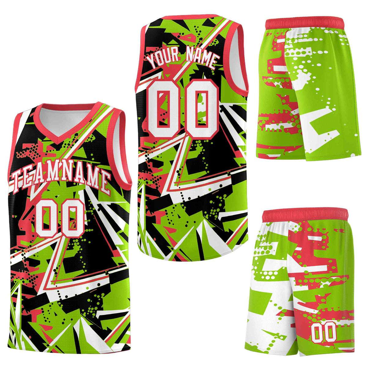 Custom Youth Basketball Jerseys Neon Green Light Red Abstract Graffiti Personalized Street Style Uniform