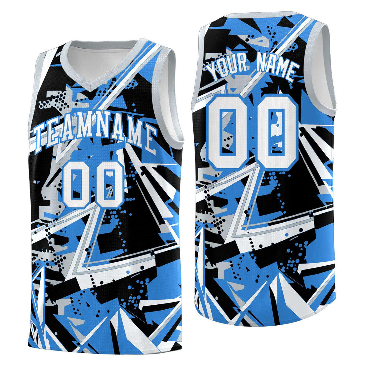 Custom Youth Basketball Jerseys Light Blue Silver Abstract Graffiti Personalized Team Name &amp; Number