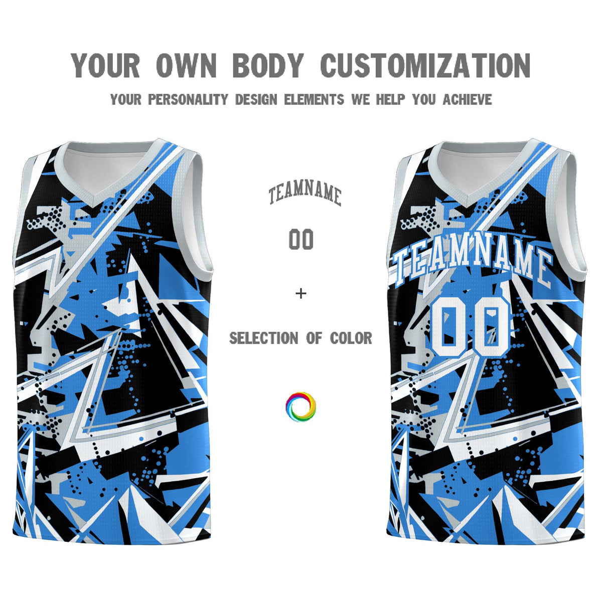 Custom Youth Basketball Jerseys Light Blue Silver Abstract Graffiti Personalized Team Name &amp; Number