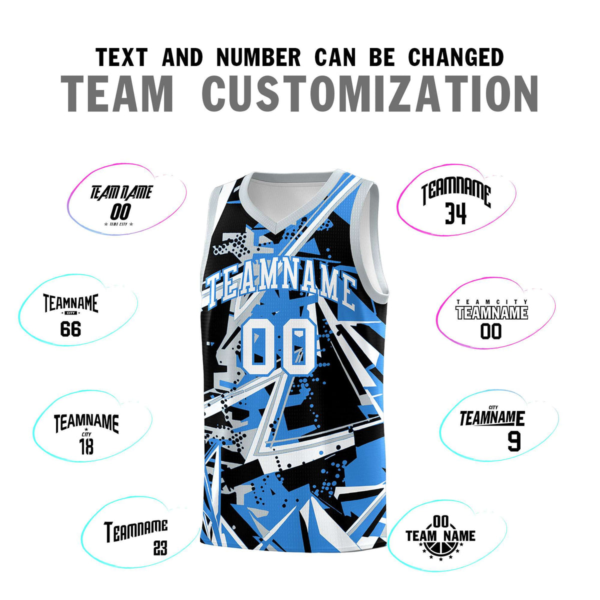 Custom Youth Basketball Jerseys Light Blue Silver Abstract Graffiti Personalized Team Name &amp; Number