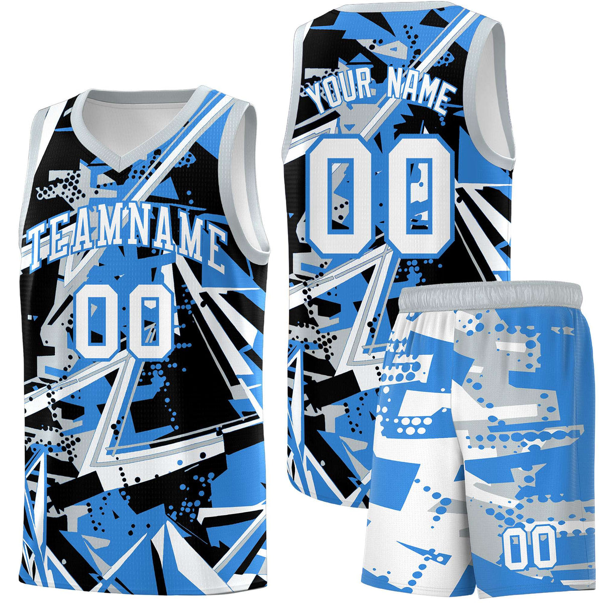 Custom Youth Basketball Jerseys Light Blue Silver Abstract Graffiti Personalized Team Name &amp; Number