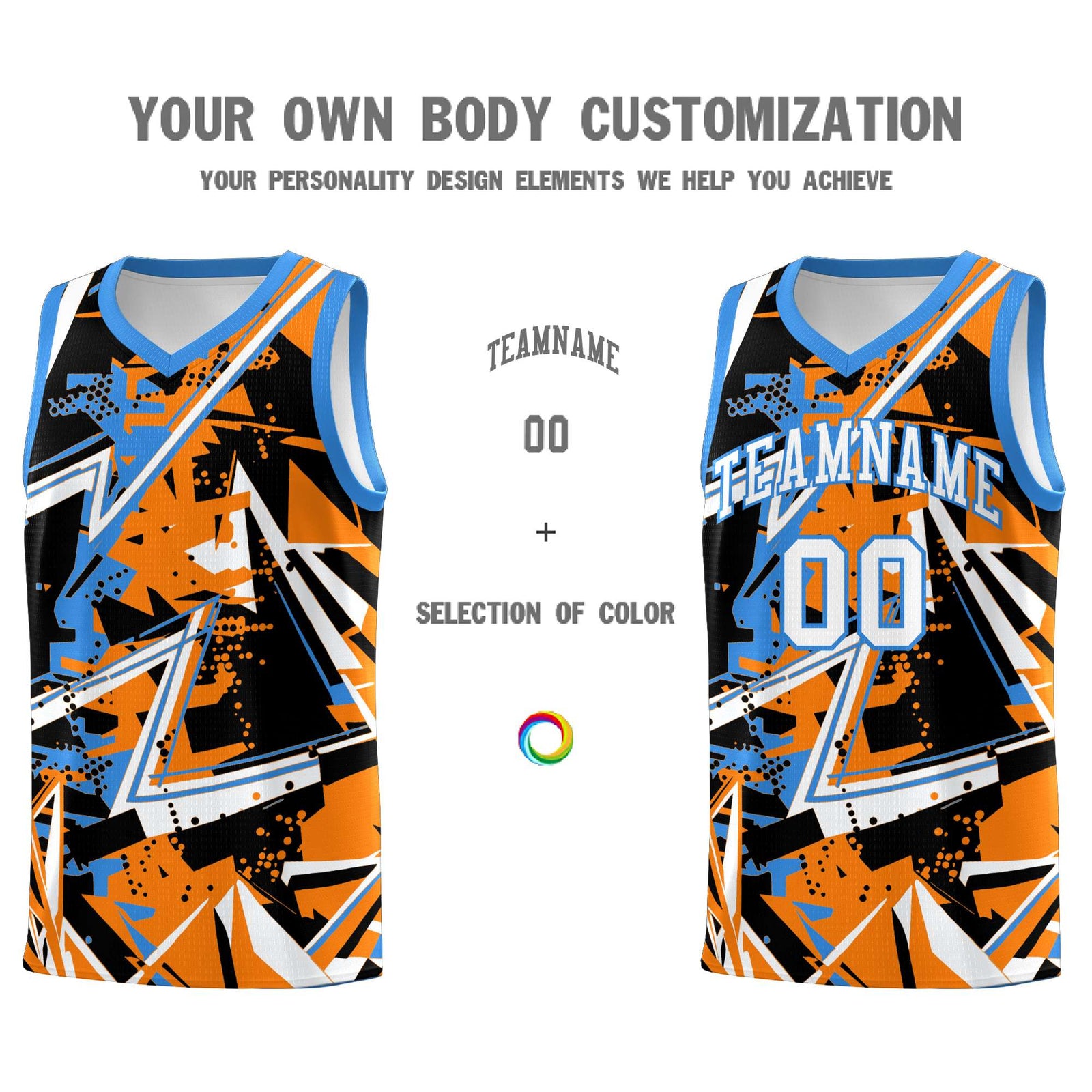 Custom Youth Basketball Jerseys Orange Light Blue Abstract Graffiti Personalized Street Style Uniform