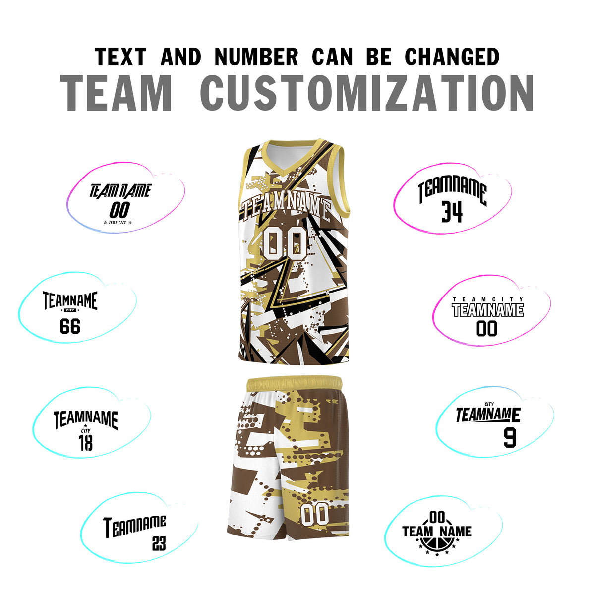 Custom Youth Basketball Jerseys Light Brown Old Gold Abstract Graffiti Personalized Team Name &amp; Number