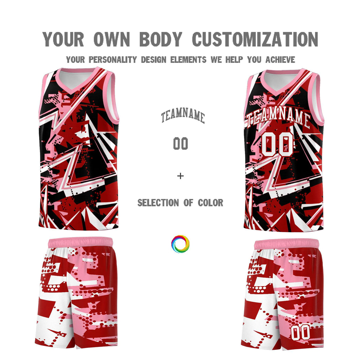 Custom Youth Basketball Jerseys Red Light Pink Abstract Graffiti Personalized Street Style Uniform