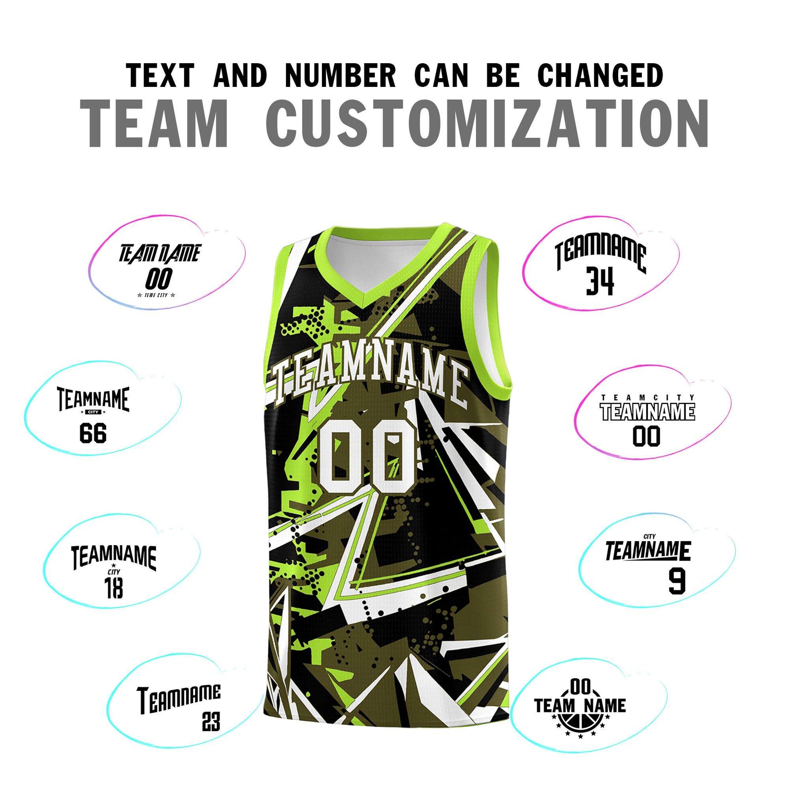 Custom Youth Basketball Jerseys Olive Neon Green Abstract Graffiti Personalized Street Style Uniform