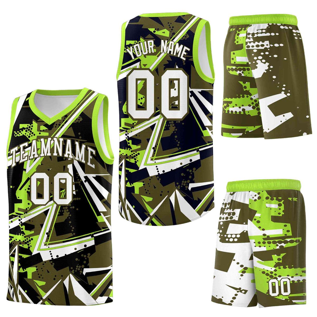 Custom Youth Basketball Jerseys Olive Neon Green Abstract Graffiti Personalized Street Style Uniform