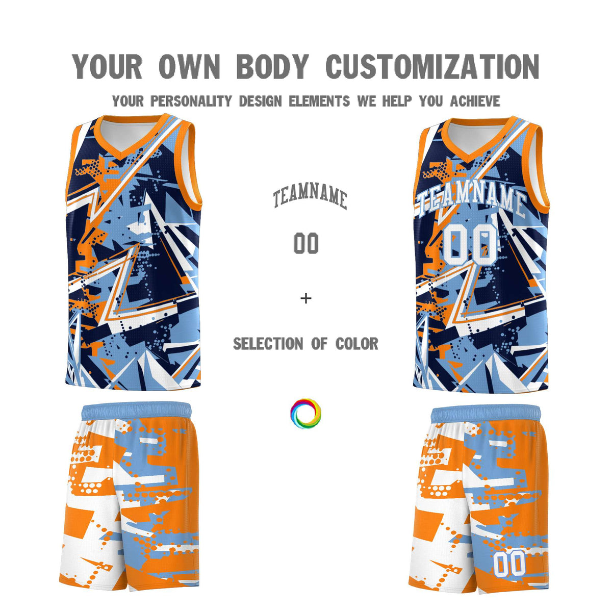 Custom Youth Basketball Jerseys Powder Blue Orange Abstract Graffiti Personalized Team Name &amp; Number