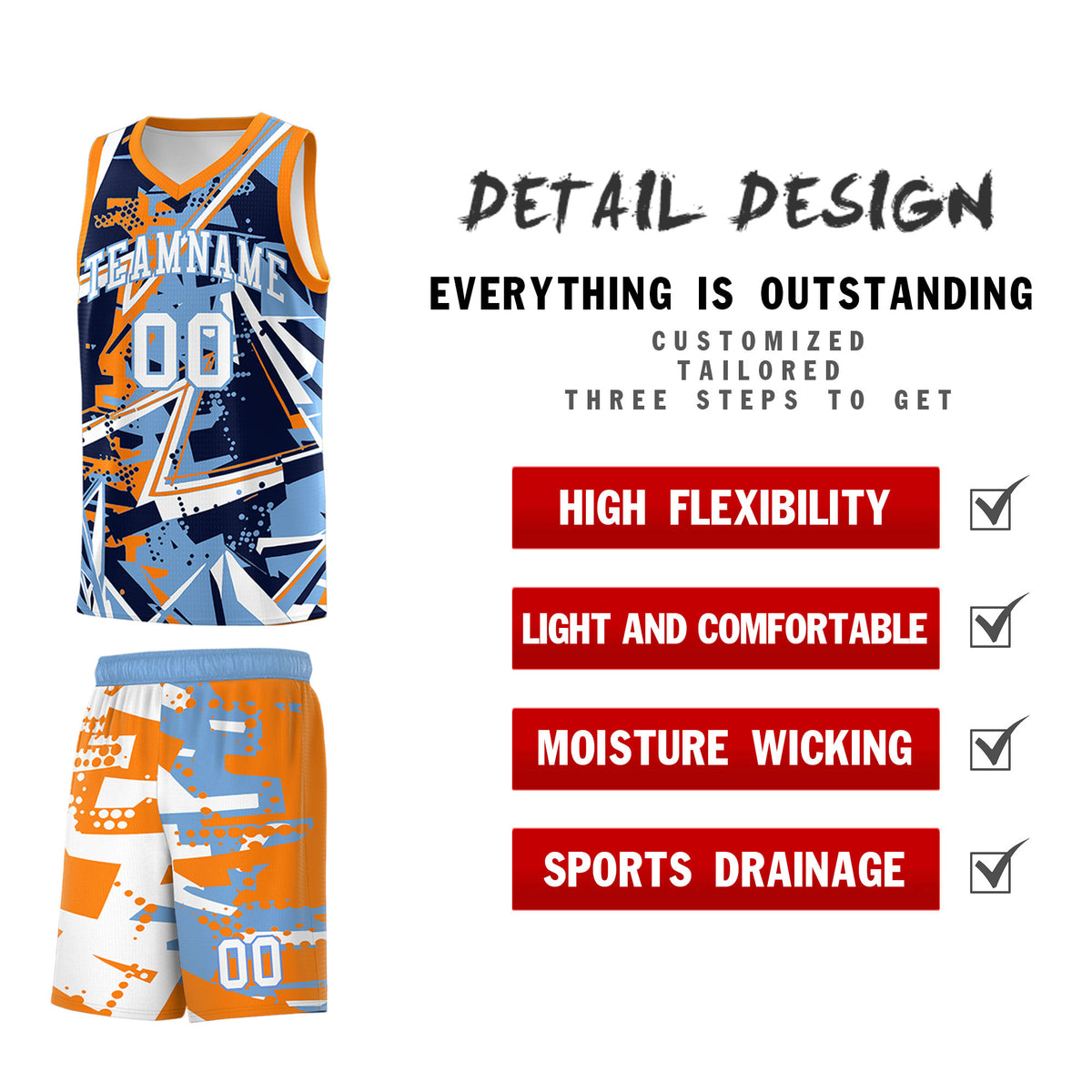 Custom Youth Basketball Jerseys Powder Blue Orange Abstract Graffiti Personalized Team Name &amp; Number