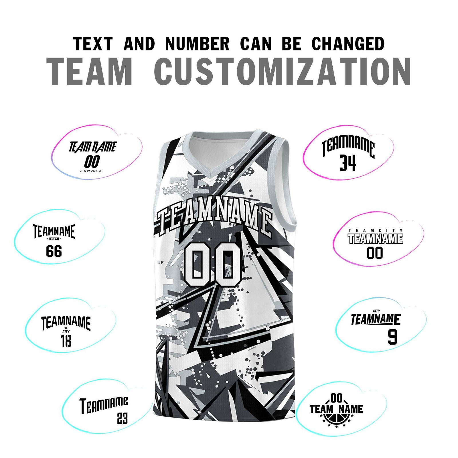 Custom Youth Basketball Jerseys Gray Silver Abstract Graffiti Personalized Team Name & Number