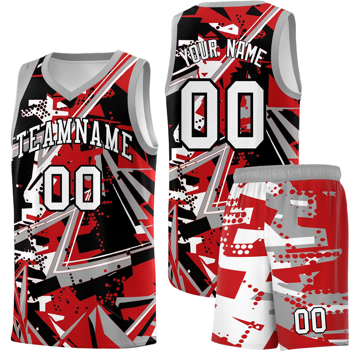 Custom Youth Basketball Jerseys Red Gray Abstract Graffiti Personalized Team Name &amp; Number