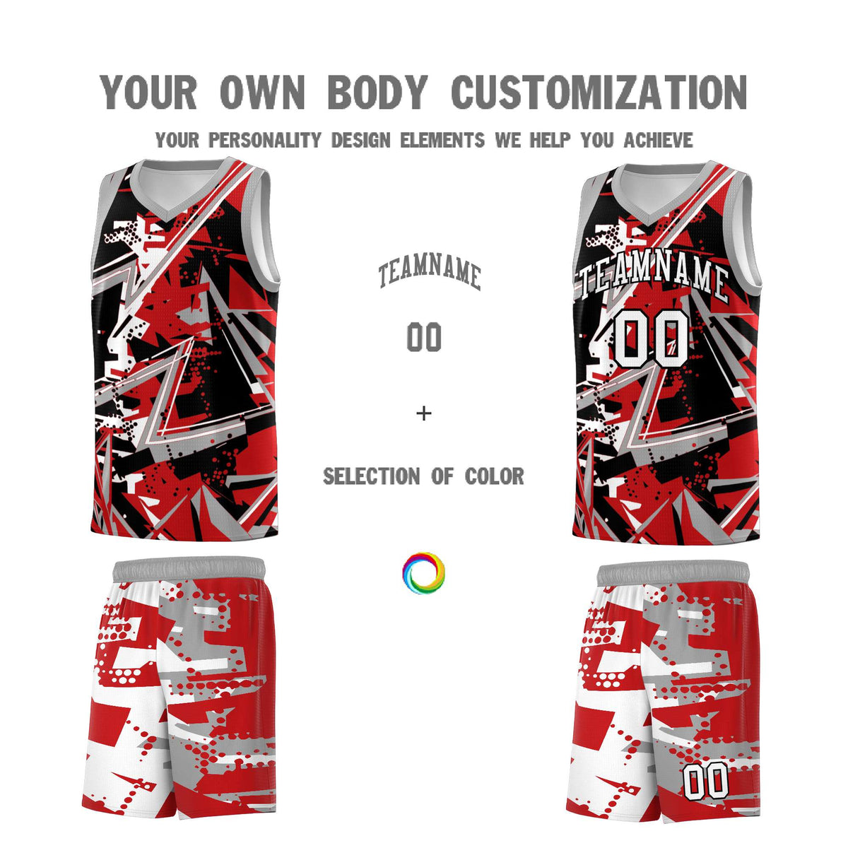 Custom Youth Basketball Jerseys Red Gray Abstract Graffiti Personalized Team Name &amp; Number