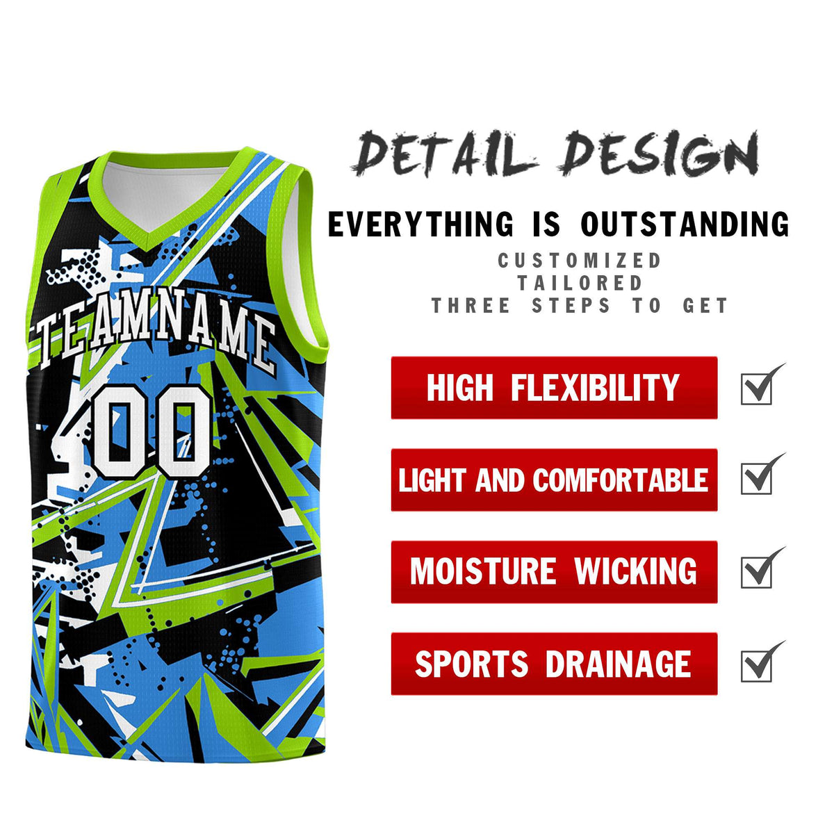 Custom Youth Basketball Jerseys Light Blue Neon Green Abstract Graffiti Personalized Street Style Uniform